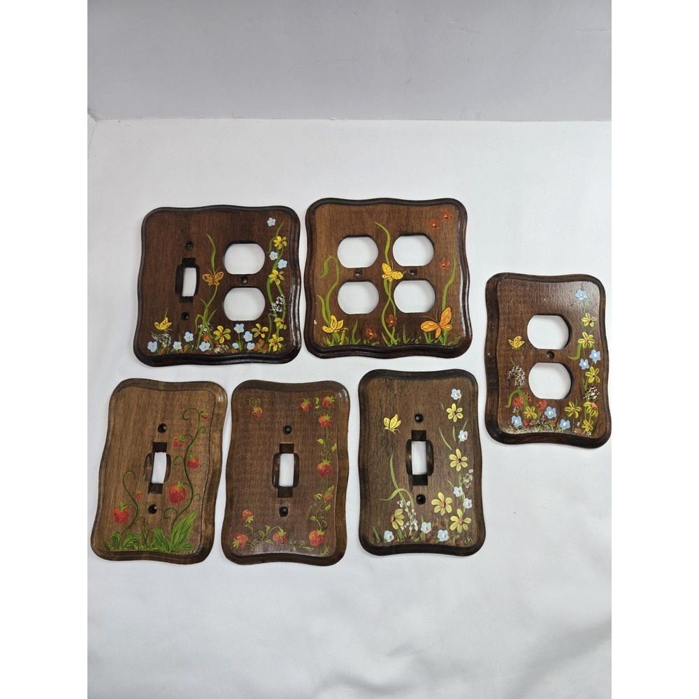VTG Hand Painted Wood Switch Outlet Covers Lot 6 Folk Art Flowers Strawberries